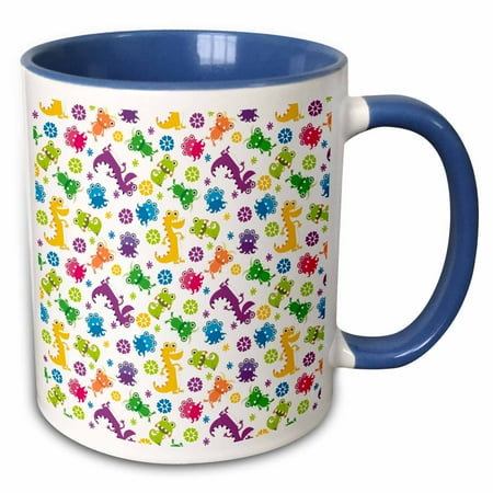 Sci Fi Geek Mug - 3dRose Silly Crazy Colorful Cartoon Monsters And Aliens Cartoon Sci-Fi Pattern - Two Tone Blue Mug, 11-ounce