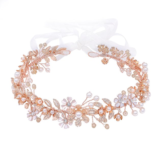 Ammei Tocado de Boda Diadema Tiara Flor Hojas Diseño Enredadera para el Cabello con Perlas y Diamantes de imitación (Oro Rosa)