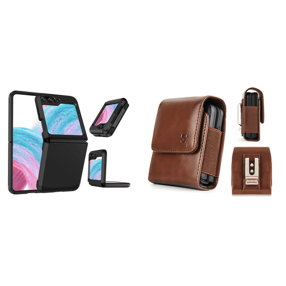 Bemz Phone Case for Galaxy Z Flip 5 with Tough Rugged Dual Layer Armor (Hinge Protection) Cover, PU Leather Magnetic Closure Loop Belt Holster Pouch (Black)