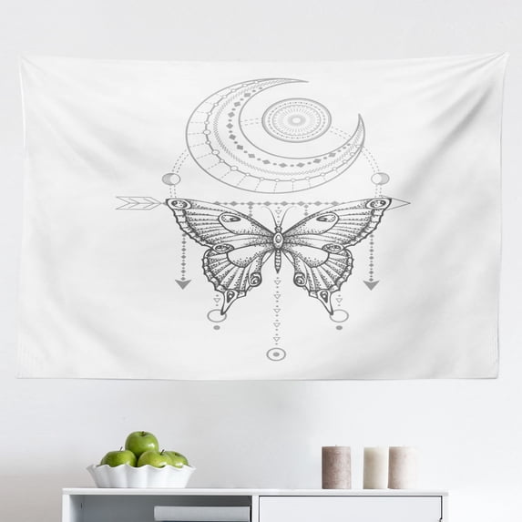 Half Moon Tapestry, Mystic Intricate Oriental Paisley Floral Crescent Star Arrangement, Fabric Wall Hanging Decor for Bedroom Living Room Dorm, 2 Sizes, Pale Peach and Chocolate, by Ambesonne