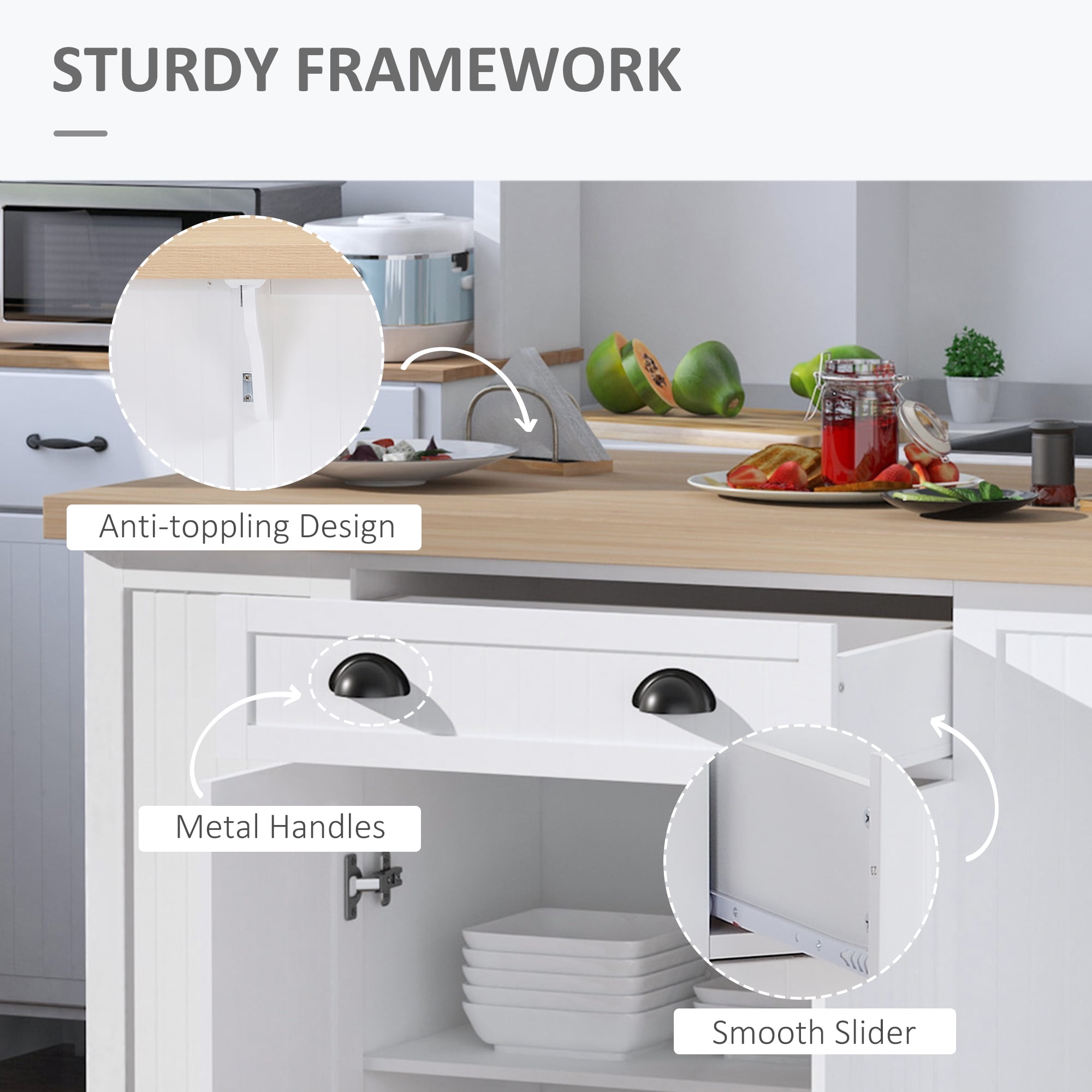 HOMCOM 47" Fluted-Style Wooden Kitchen Island, Kitchen Countertop Storage Cabinet with Drop Leaf, Drawer, Open Shelves, Storage, White