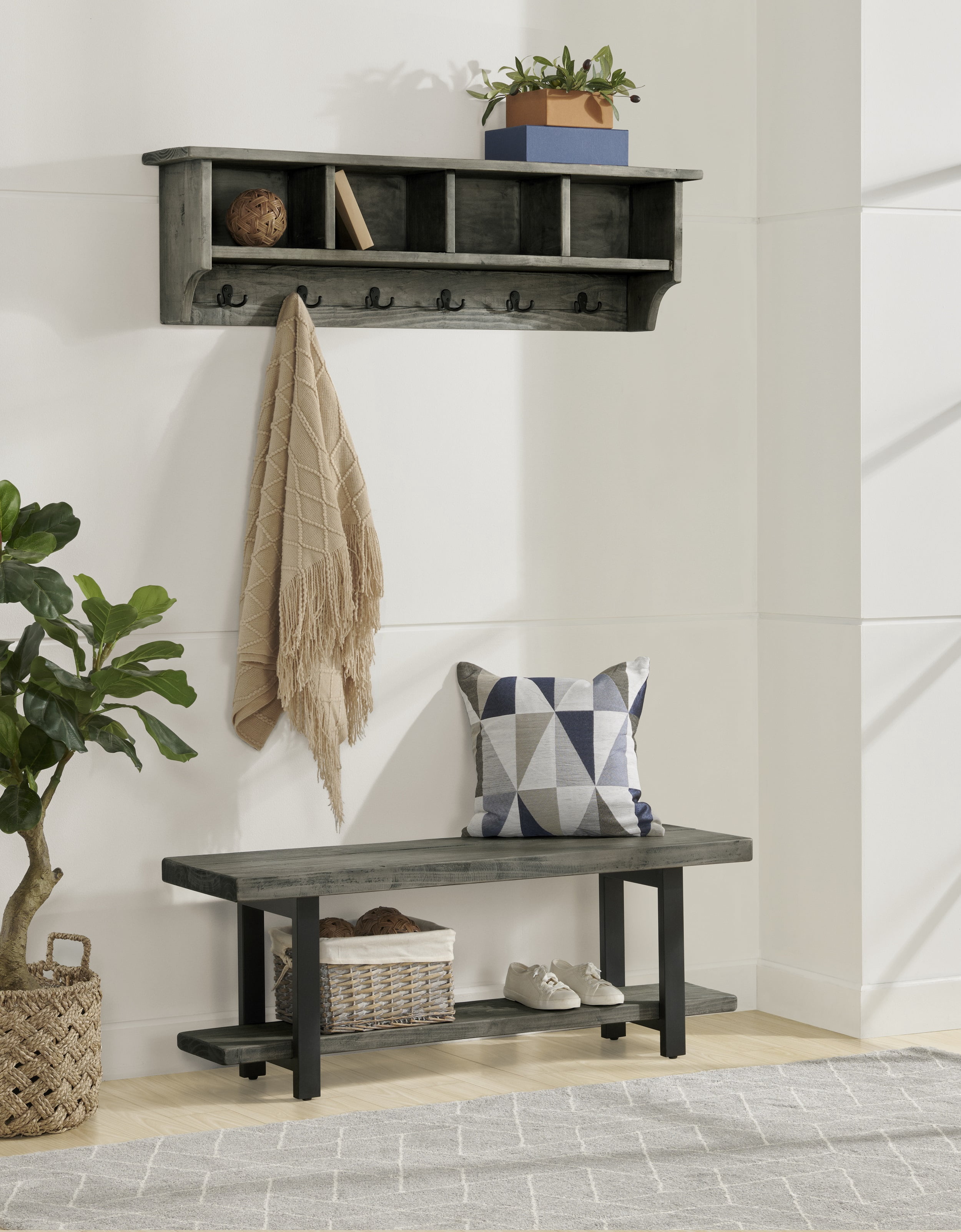 Alaterre Pomona 48" Metal and Reclaimed Wood Wall Coat Hook with Bench, Slate Gray