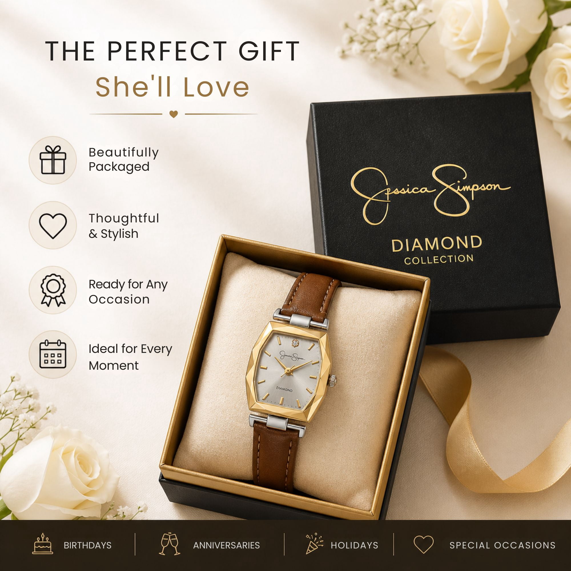Jessica Simpson Diamond Collection Women's Dress Watch – Classic Quartz, Leather Band, Barrel Faceted Crystal Face, Elegant Timepiece