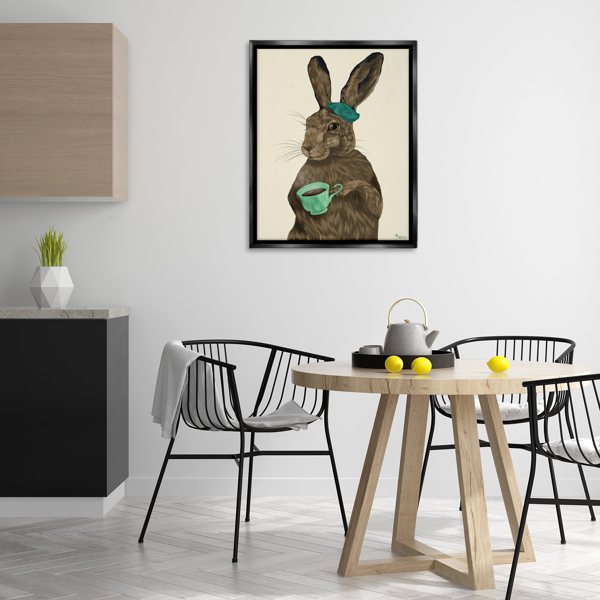 Stupell Industries Rabbit & Green Teacup Animals & Insects Painting Black Floater Framed Canvas Art Print Wall Art, 25 x 31