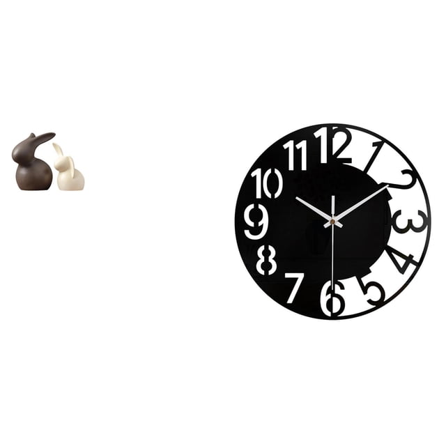 Juego de estatuas de conejo de cerámica con reloj de pared decorativo de acrílico, silencioso, fácil de leer, reloj redondo simple para decoración del