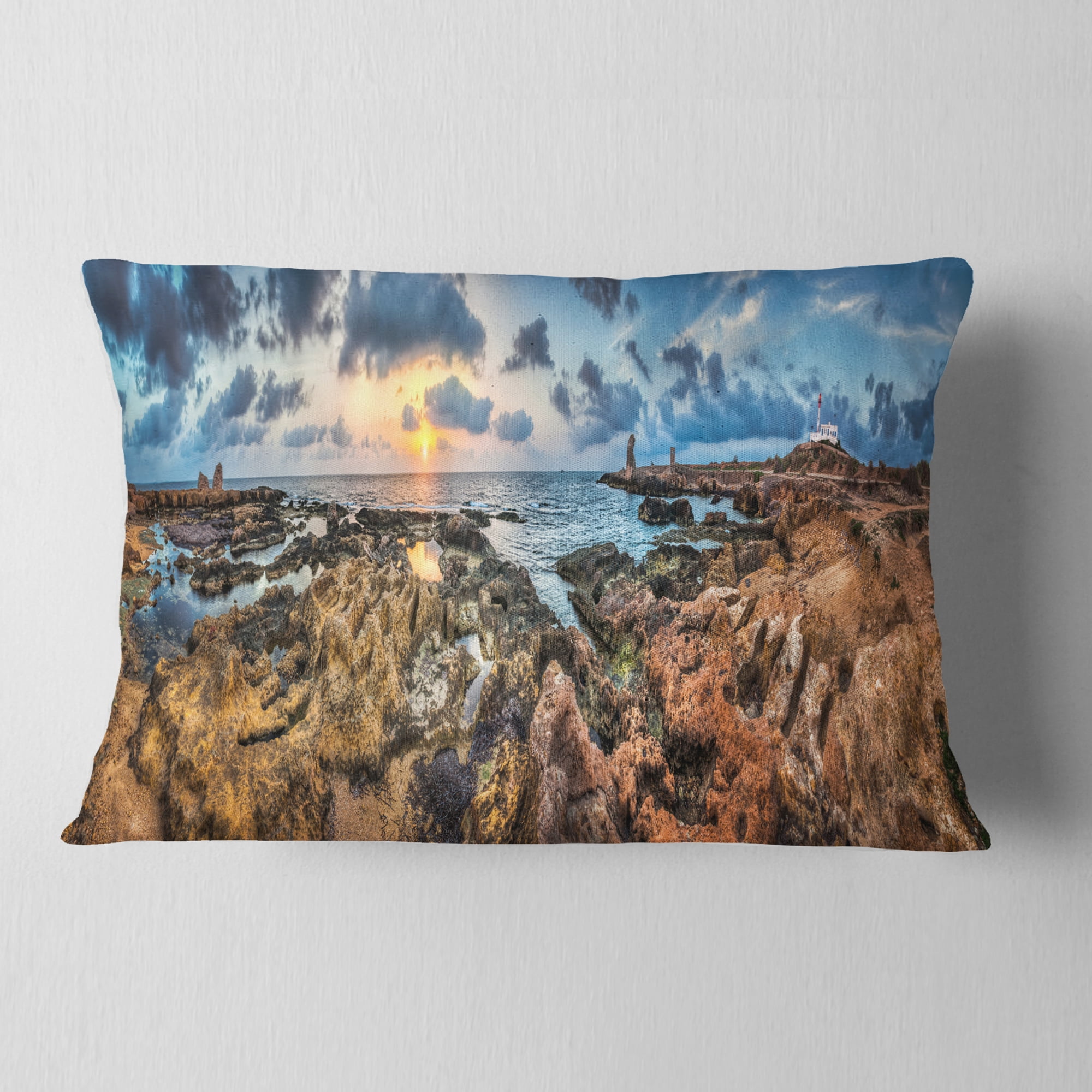 Designart Rocky with Historic Ruins Evening - Landscape Printed Throw Pillow - 12x20