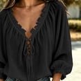 thumbnail image 4 of Elwylmiz Women's 3/4 Sleeve Tops Lace Up V Neck Blouses Boho Ruffled Trim Loose Fit Casual Shirts Summer Fall Outfits, 4 of 7