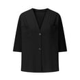 thumbnail image 4 of Yigetop Womens Tops Casual! Button Down Shirt for Women Summer Cotton Linen 3/4 Sleeve Blouse Casual V Neck Collarless Beach Top with Pockets 3/4 Length Sleeve Womens Tops Black S, 4 of 6