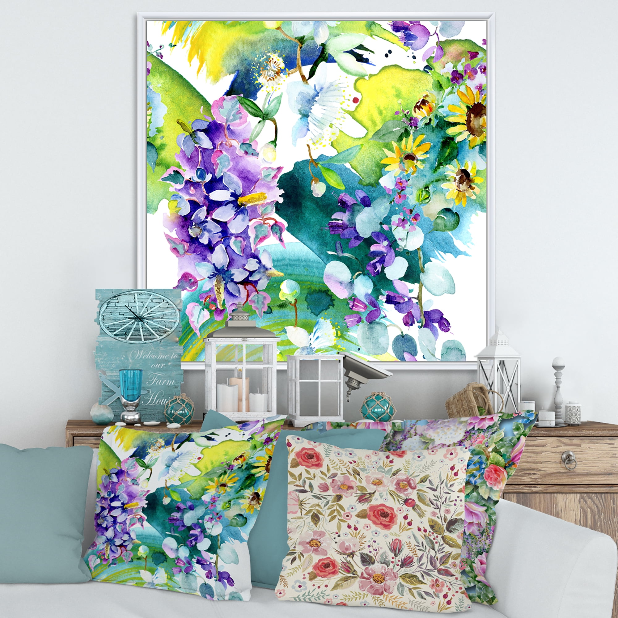 Designart 'Bouquet of Sunflowers and Wildflowers' Farmhouse Framed Canvas Wall Art Print