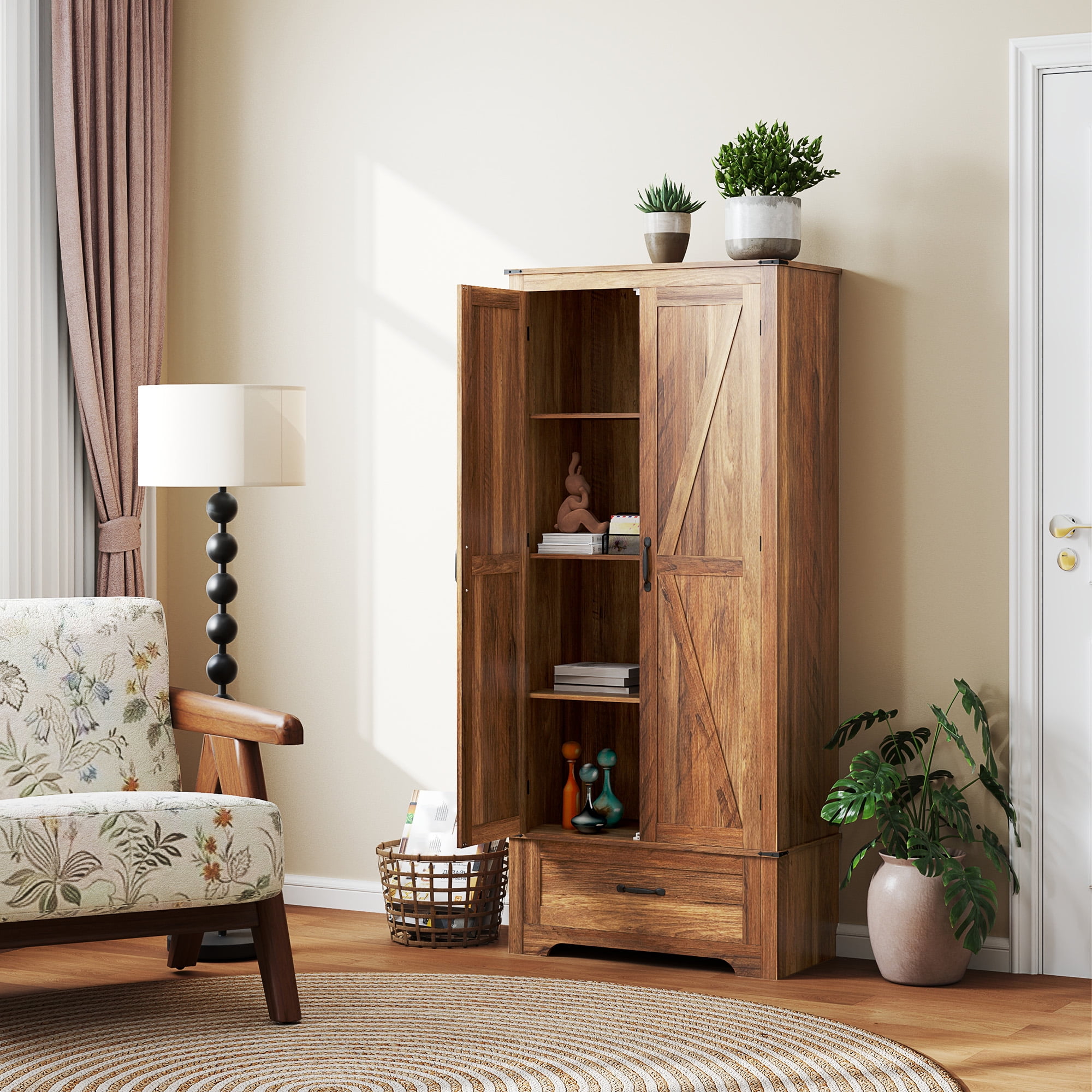 HOMCOM 72" Farmhouse Pantry Cabinet, Kitchen Pantry Cabinet, Brown