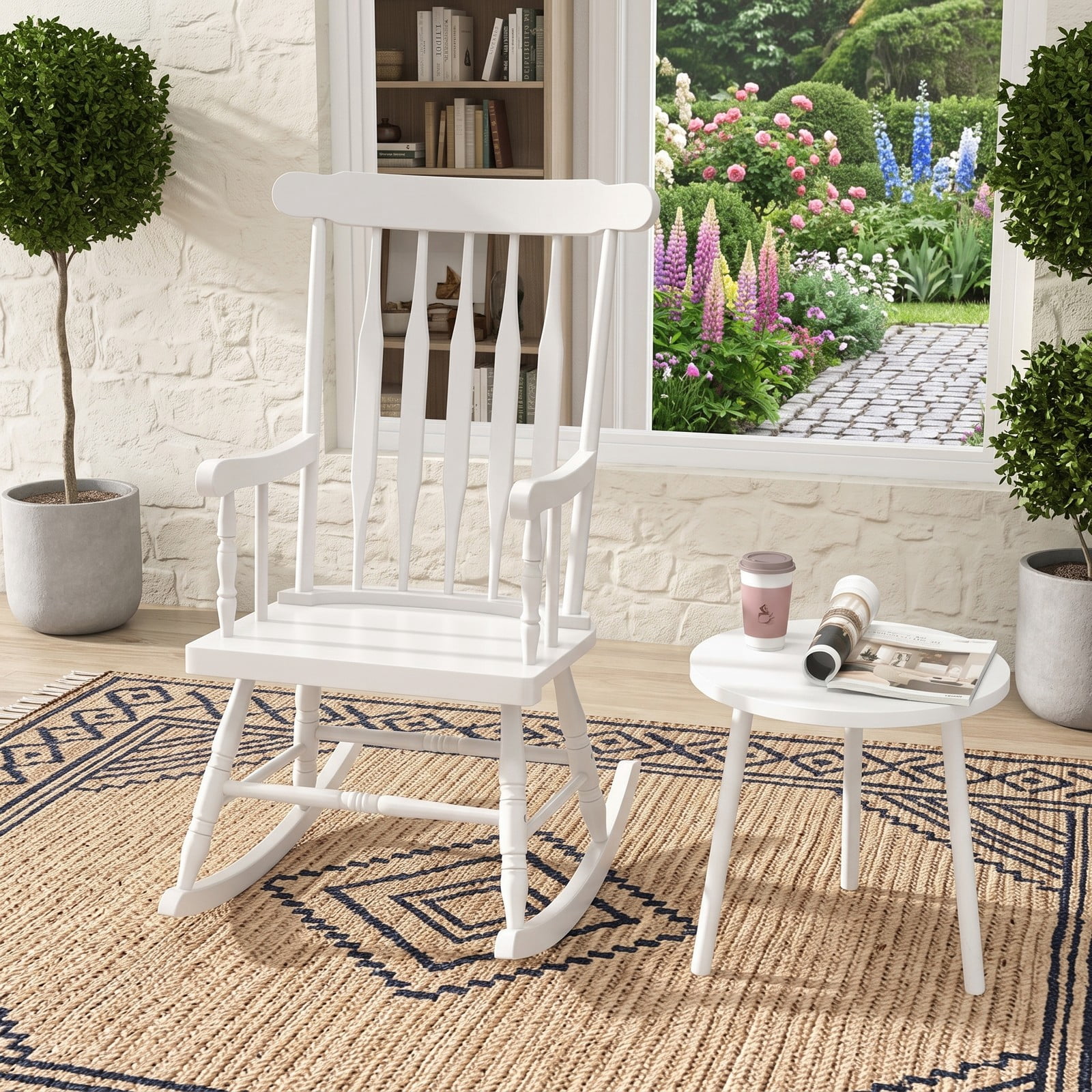 Furnibear Rocking Chair with Solid Rubber Wood Frame and Classic Spindle Back for Indoor Living Room, Front Porch and Patio, White
