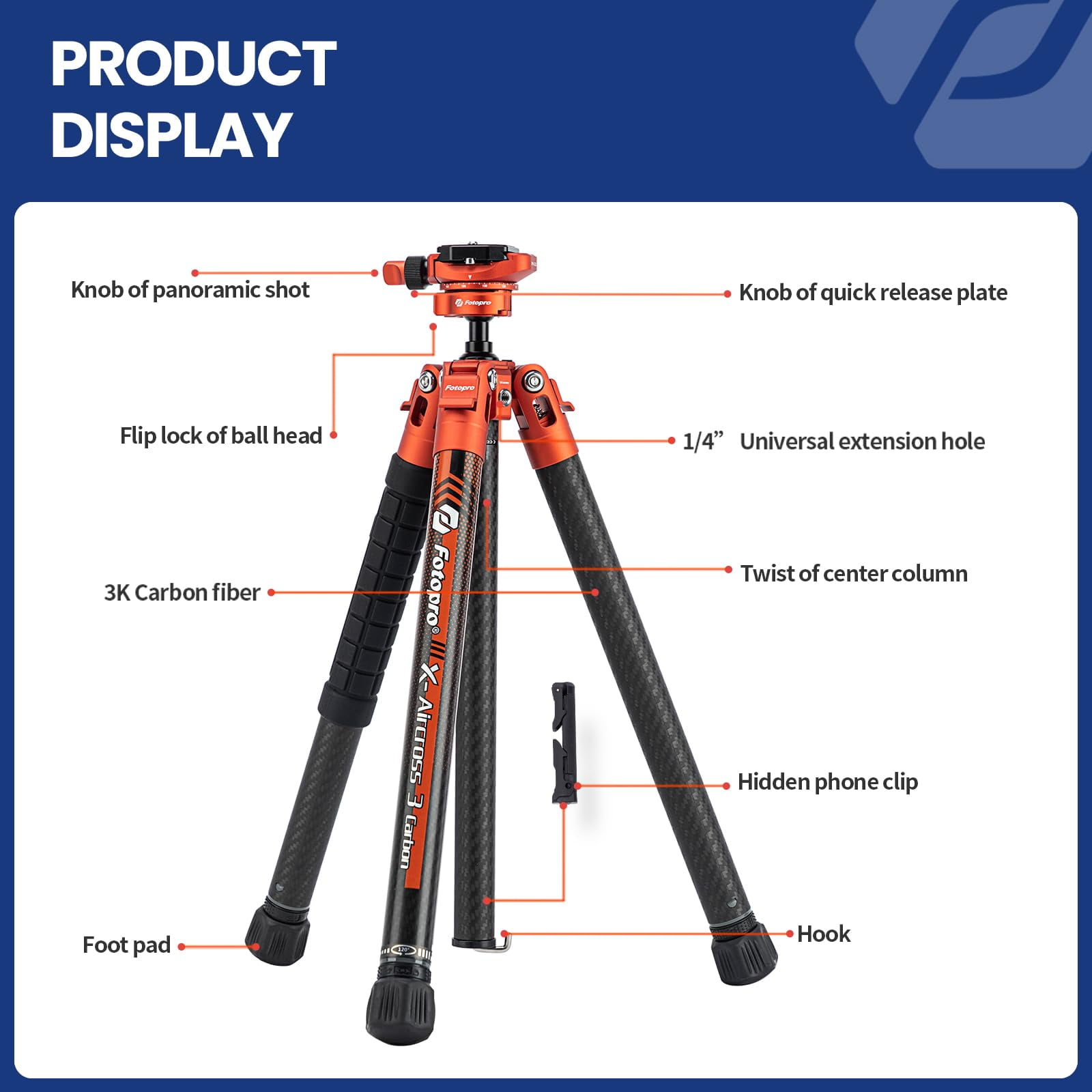 Fotopro 60" Carbon Fiber Tripod with Ball Head, 1.7 lbs Ultralight Travel Tripod for Camera DSLR, Max Load 22 lbs, X-Aircross 3 Lite, Flame Orange