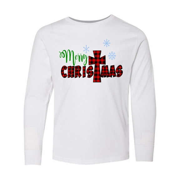 Inktastic Merry Christmas Buffalo Plaid Cross with Snowflakes Long Sleeve Youth T-Shirt
