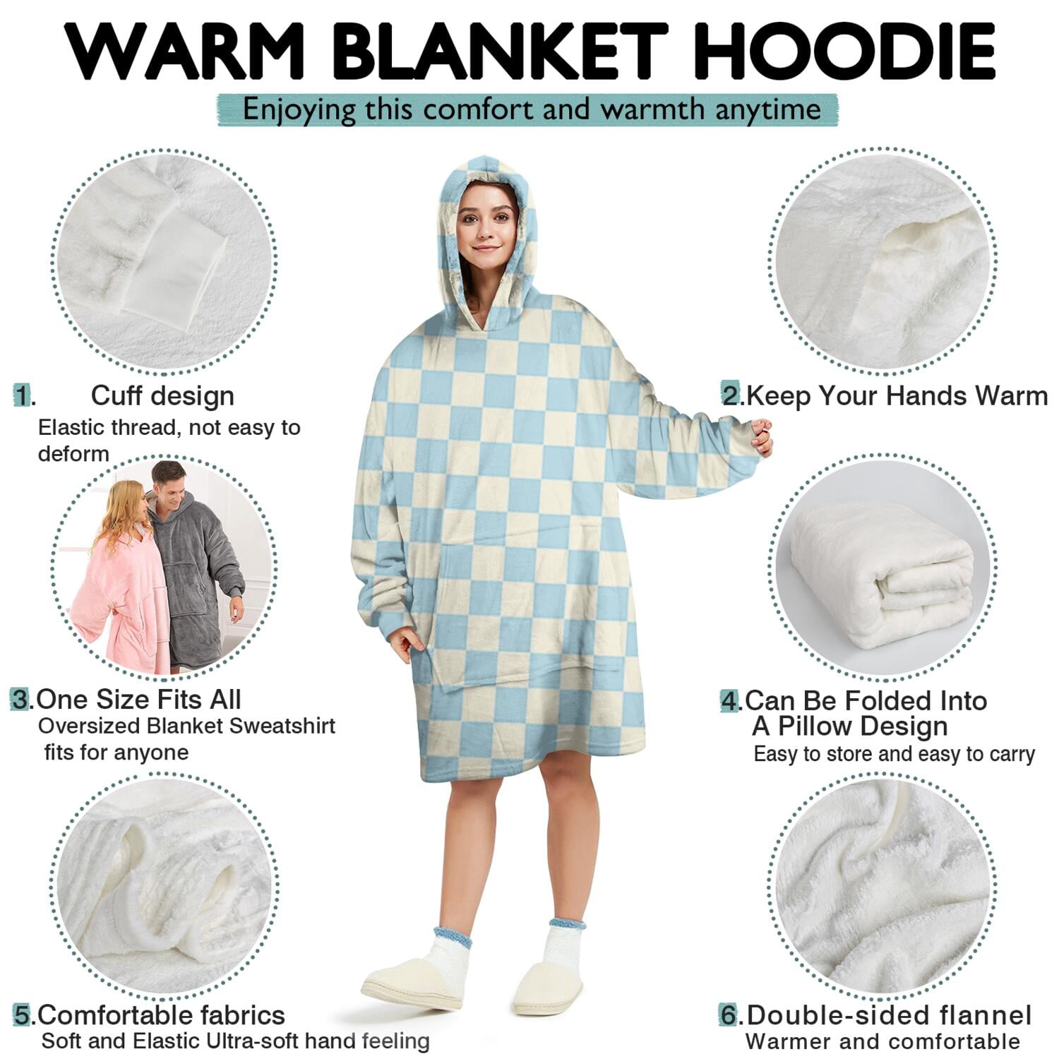 Light Blue and Cream Checkered Pattern Wearable Oversized Blanket,Wearable Blanket Hoodie for Adults,Cozy Hooded Blankets with Super Pockets,Super Warm Fuzzy Pullover for Women & Men