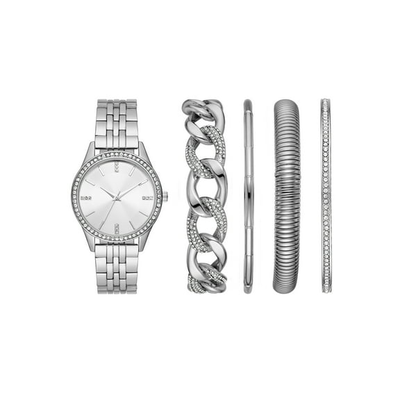 Folio Women's Silver Tone Round Analog Bracelet Watch and Layered Bracelets Gift Set