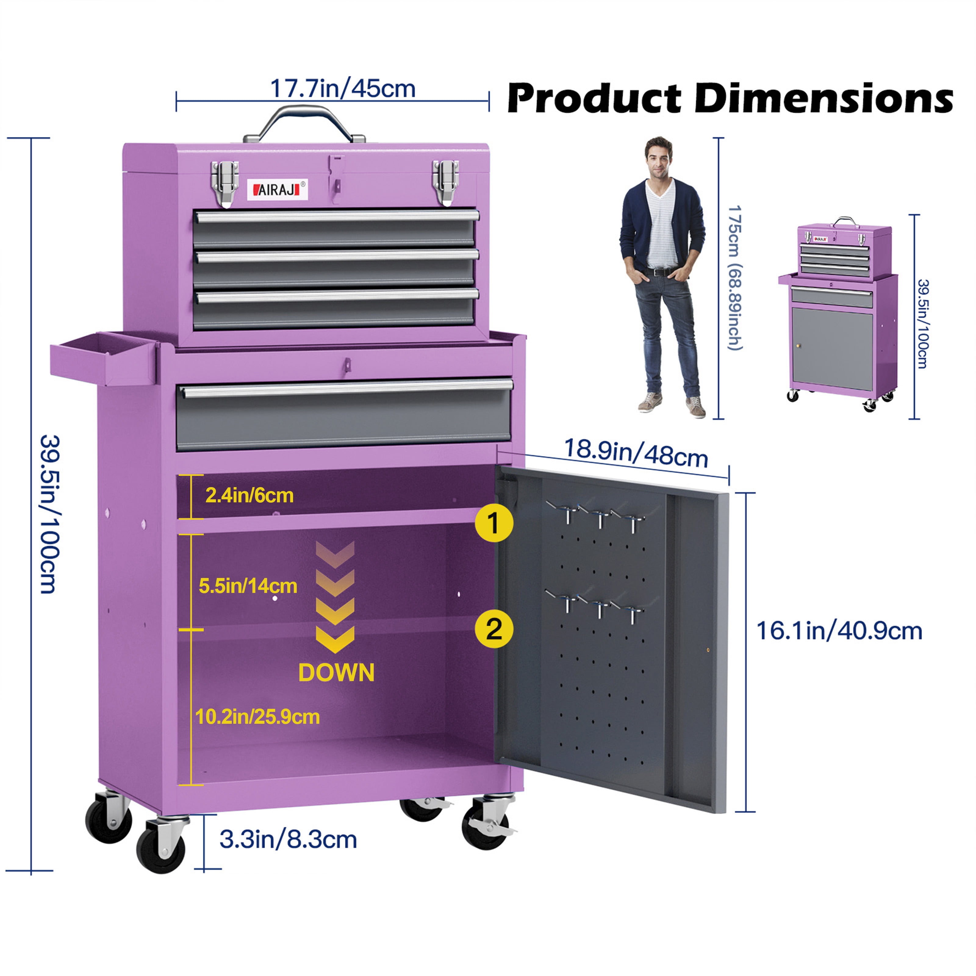 AIRAJ 40" Rolling Tool Cabinet with 4 Drawers, Heavy Duty Metal Tool Chest with Detachable Top Box, Lockable Mobile Storage Organizer for Mechanic, Garage & Professional Workshop (Purple)