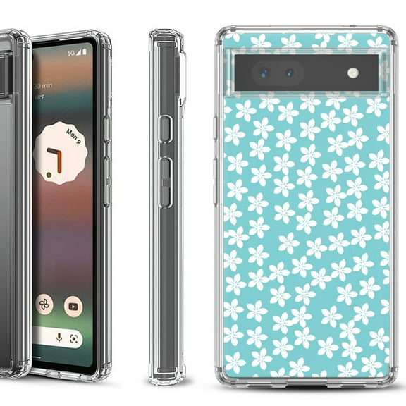 Shockproof Bumper Phone Case for Google Pixel 6a, by OneToughShield ® - Flower/Teal