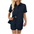 thumbnail image 3 of DDAPJ pyju 2 Piece Lounge Outfits for Women Short Sleeve Button Down Shirt and Shorts Casual Tracksuit Set with Pockets Ofertas Prime Dark Blue L, 3 of 7