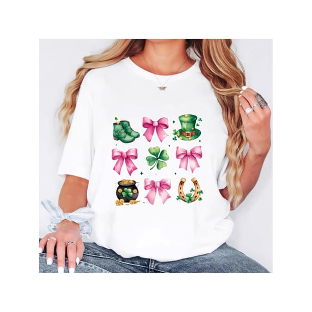 Camiseta festiva del Día de San Patricio para mujer: cuello redondo blanco con tréboles rosas, estampado de leopardo y trébol verde. Camiseta informal de manga corta para primavera y verano.
