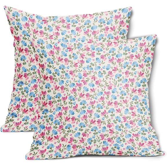 Spring Daisy Floral Pillow Covers 20X20 Inch Pale Pink Blue Vintage Flowers Decorative Pillow Cases Set of 2 Block Print Cotton Linen Throw Pillows Farmhouse Decor For Sofa Couch Cushion Outdoor