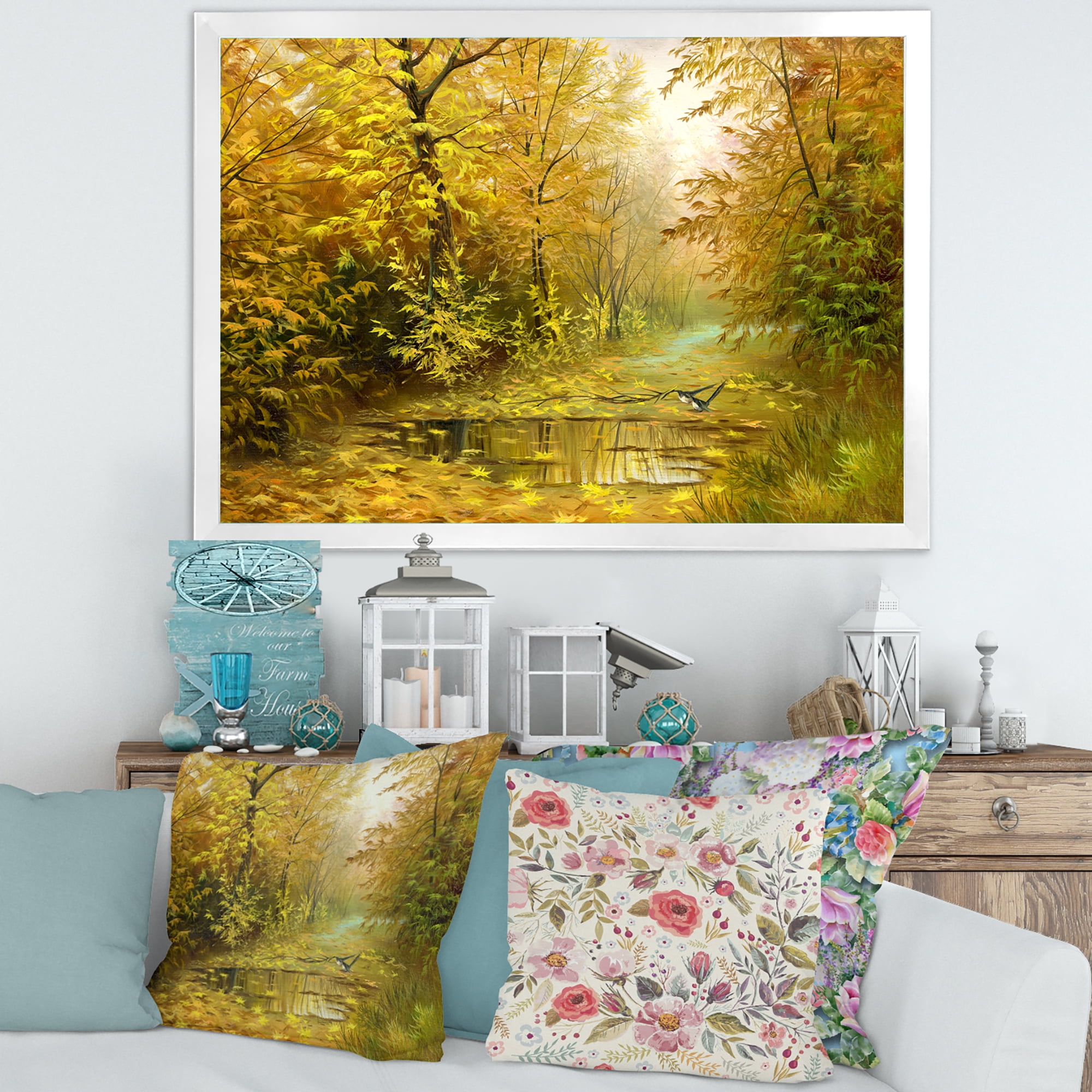 Designart 'Rain Water On Road In Yellow Woodlands' Country Framed Art Print
