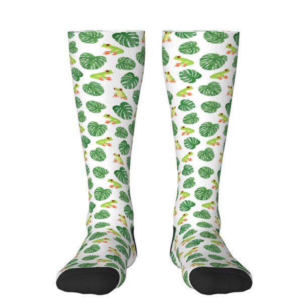 Fotbe Frogs And Tropical Leaves Calcetas Divertidas Estampadas para Hombre y Mujer, Calcetas de Algodón hasta la Rodilla para Caminar, Correr, Enfermería y Embarazo