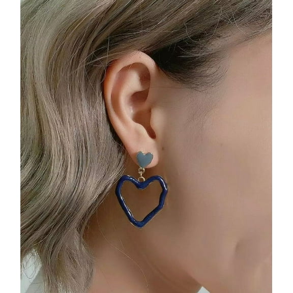 Clip on gold gray and blue hammered heart earrings