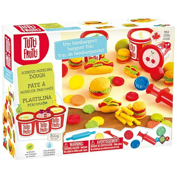 Tutti Frutti: Burgers Trio Kit - Scented Modeling Dough Craft Set, Build w/ Condiment Molds & Tools, 3 Non-Toxic Colors, Banana-Lime-Cherry, Kids 3 