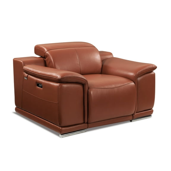 Genuine Leather Recliner With Solid Wood Frame And In Camel High Foam Cushion
