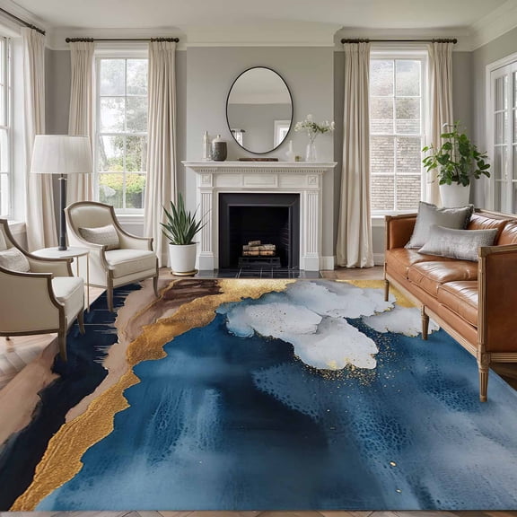 6'x9' Area Rugs, Navy Blue Yellow Indoor Outdoor Area Rug for Living Room Bedroom, Art Abstract Vintage Modern Washable Bathroom Rugs Kitchen Floor Carpet Mats Home Decor Aesthetic