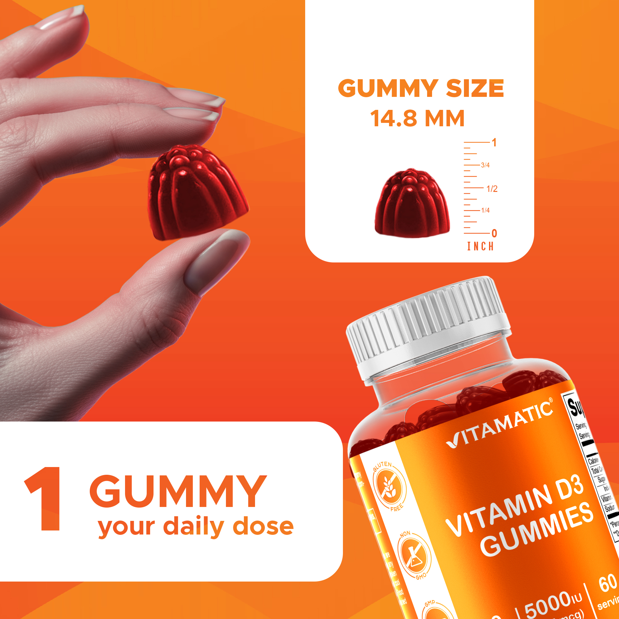 3 Pack Vitamatic Vitamin D3 Gummies - 5000 IU Per Gummy - 60 Gummies - Great Taste - Healthy Bones, Teeth, Mood, Joint & Immune System Function (Total 180 Count)