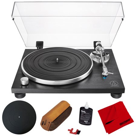 Audio-Technica AT-LPW30BKR Fully Manual Belt-Drive Turntable Bundle with Deco Gear 12" Turntable Platter Mat, Vinyl Record Cleaning Fluid System with Brush & Microfiber Cloth