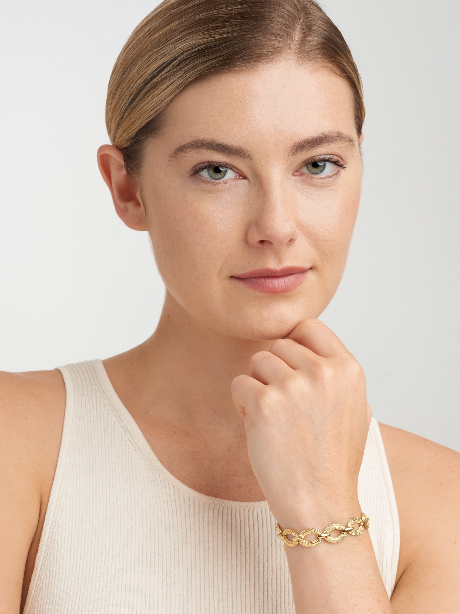18K Yellow Gold Plated Bronze Textured Oval Link Statement Bracelet Mother's Day Gift, 7.5"