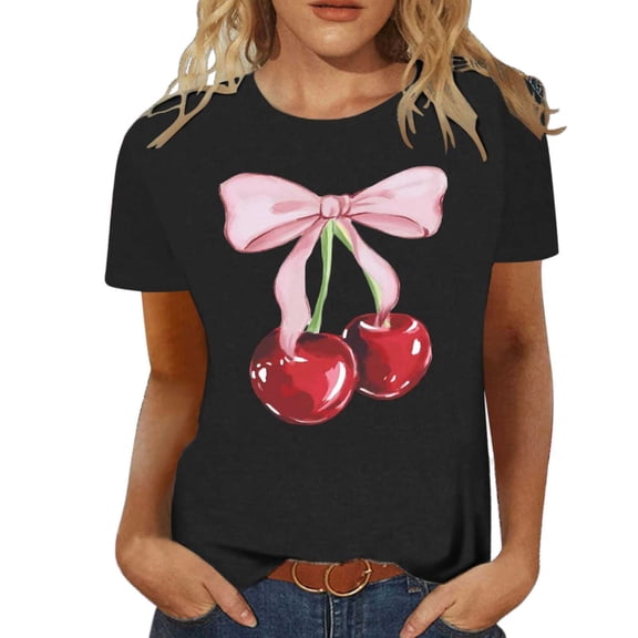 Lkhaha 2026 Womens T Shirts Fashion Tops Bow Cherry Print Short Sleeve Summer Casual Graphic Crew Neck Lightweight Outfits Clothes Black L