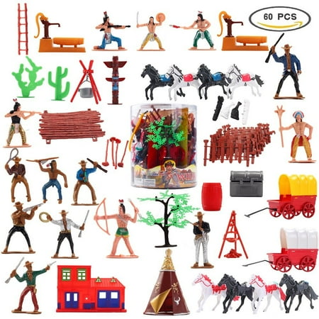 Party Figure - Toy Soldiers Indians Cowboys West for Kids Plastic Figures Play set Gift Indians Plastic Figures Bucket Play set, Boy's War Game Educational Party Toy 60 PCs F-08
