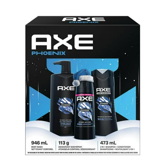 AXE Gift Set for Men with Dual Action Body Wash, 2-in-1 Shampoo + Conditioner, and a Deodorant Body Spray for Men Phoenix Crushed Mint & Rosemary fragrance 3 Piece, AXE MIXED PHOENIX GP