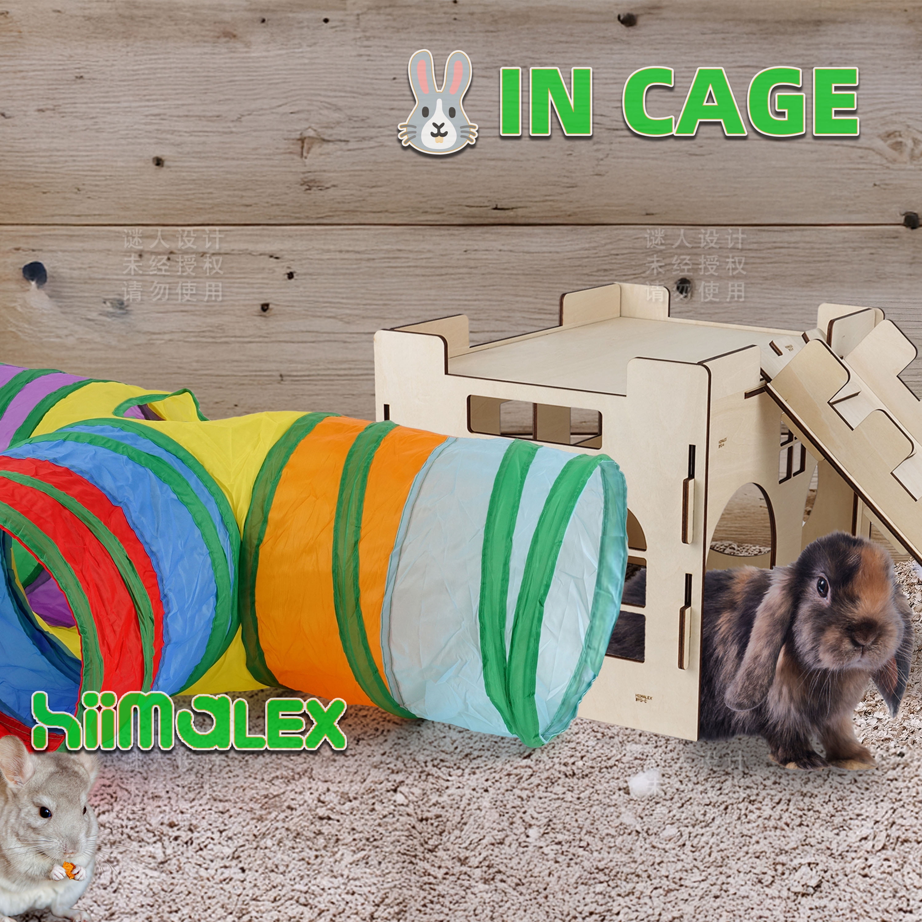 HIIMALEX Castle&Tunnel&Bed 3-in-1 Bunny's Gift Box: Extra Large Wooden Bunny Hideout with Ramp, Collasiple Tunnel and Soft Bed for Rabbit Guinea Pig Ferret Gerbil Hedgehog to Play Hide and Rest