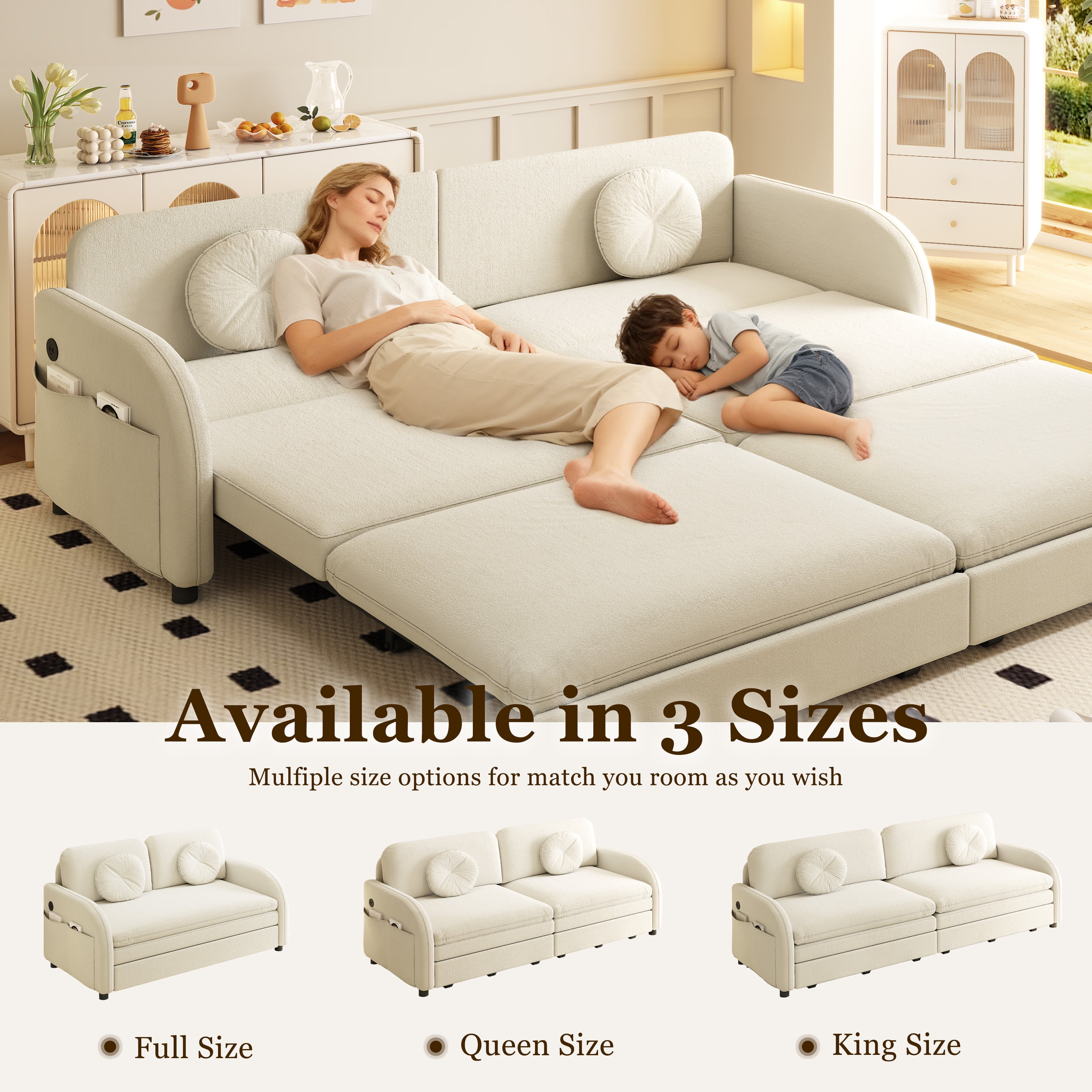 LLappuil Pull Out Sofa Bed King Size, Loveseat Sofa Covertible Sofa Bed, Chenille Sofa Couch with USB Port, Side Pocket for Living Room Beige