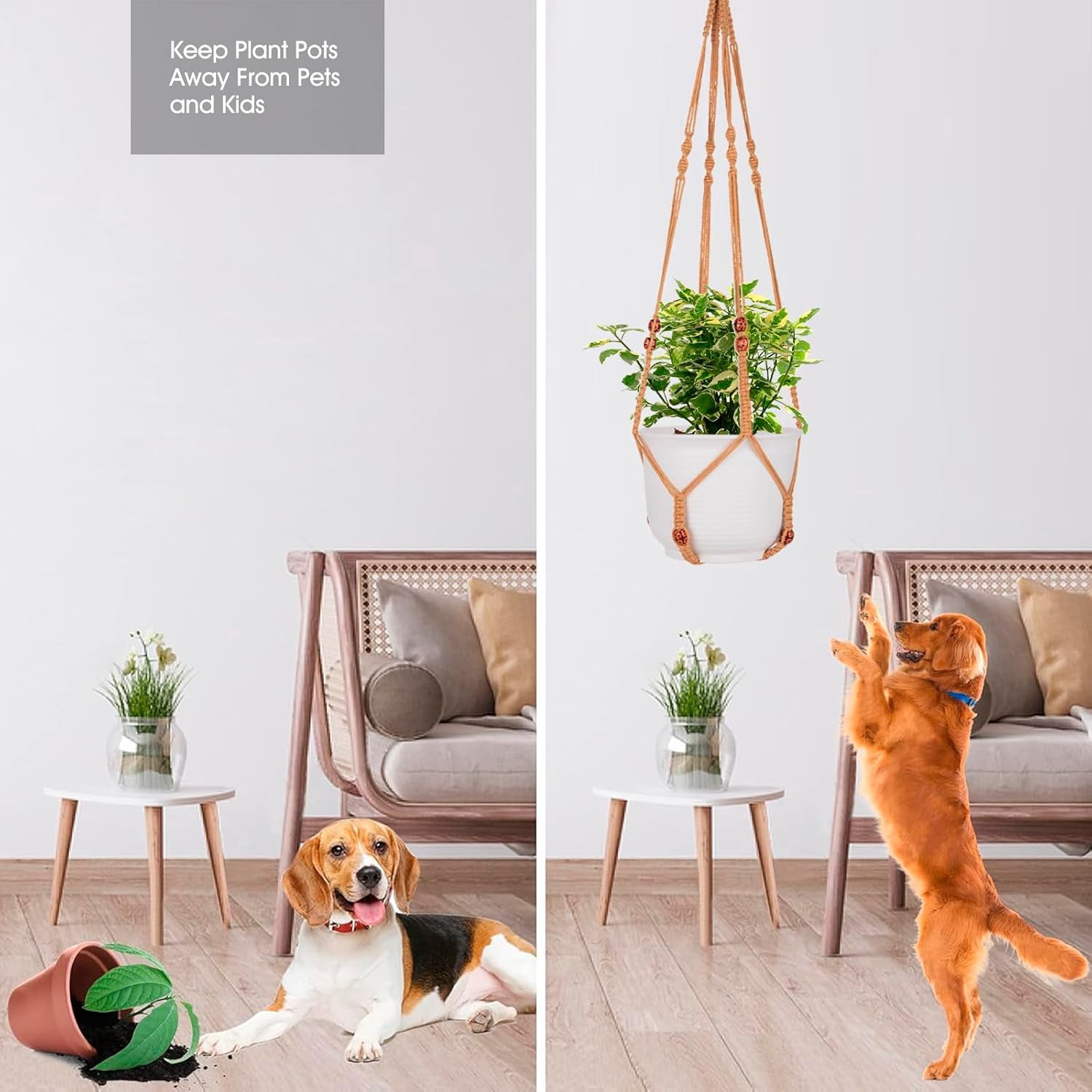 Macrame Plant Hanger for 5 to 10 Inch Plant Pots, 35 Inch Woven Rope Hanger Kits with Hooks and Wood Beads, Hanging Planter Basket for Indoor Boho Home Decor (Brown, 3 Pack)