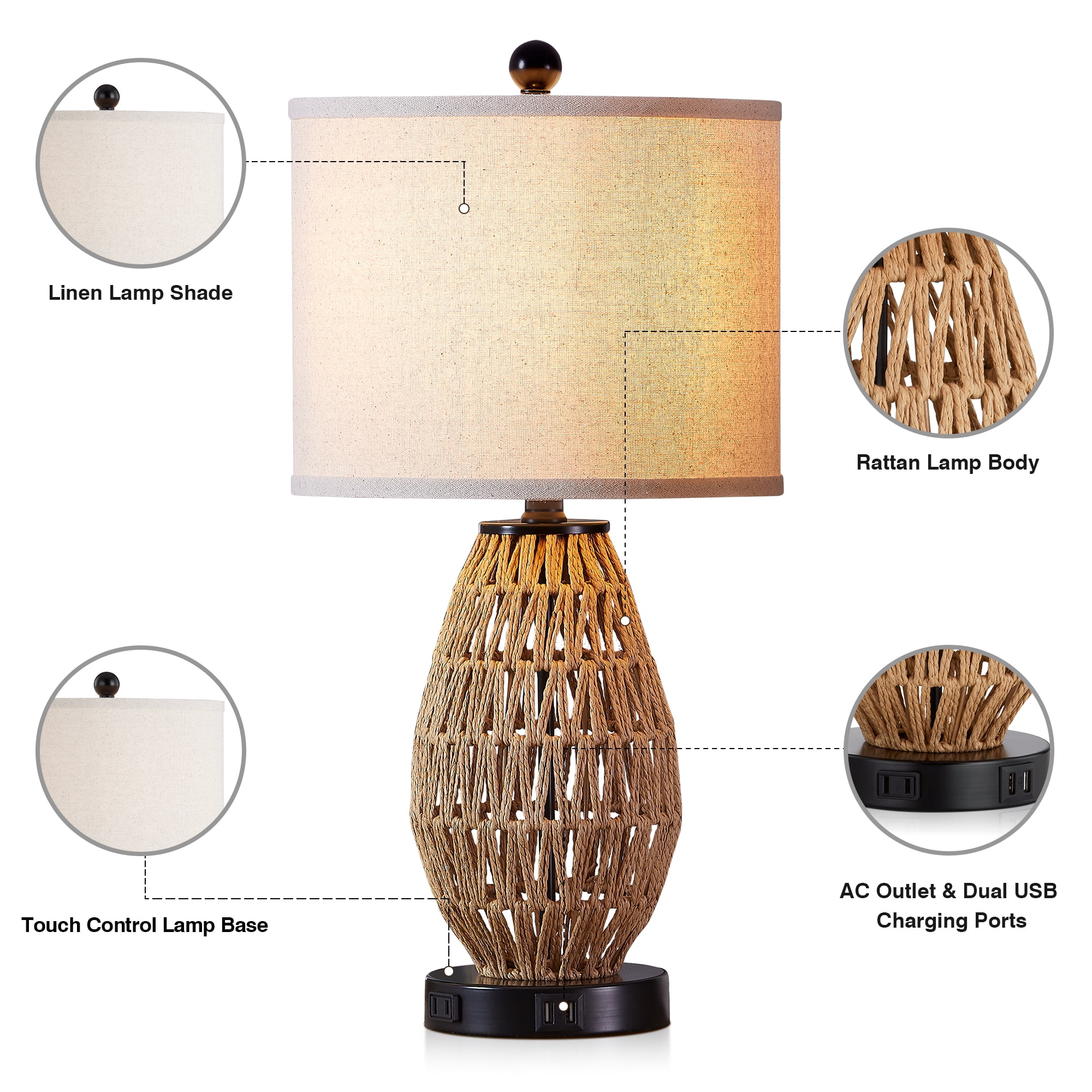 Cinkeda Rattan Table Lamps for Living Room Bedroom Modern 3 Way Dimmable Touch Nightstand Bedside Lamp with USB Ports AC Outlet