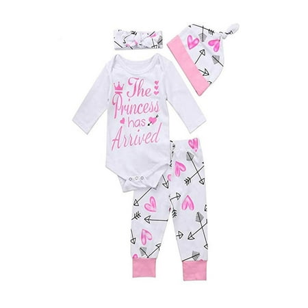 

4Pcs Infant Baby Girl Clothes The Princess Has Arrived Romper Arrow Pants Headband Hat Outfits Set