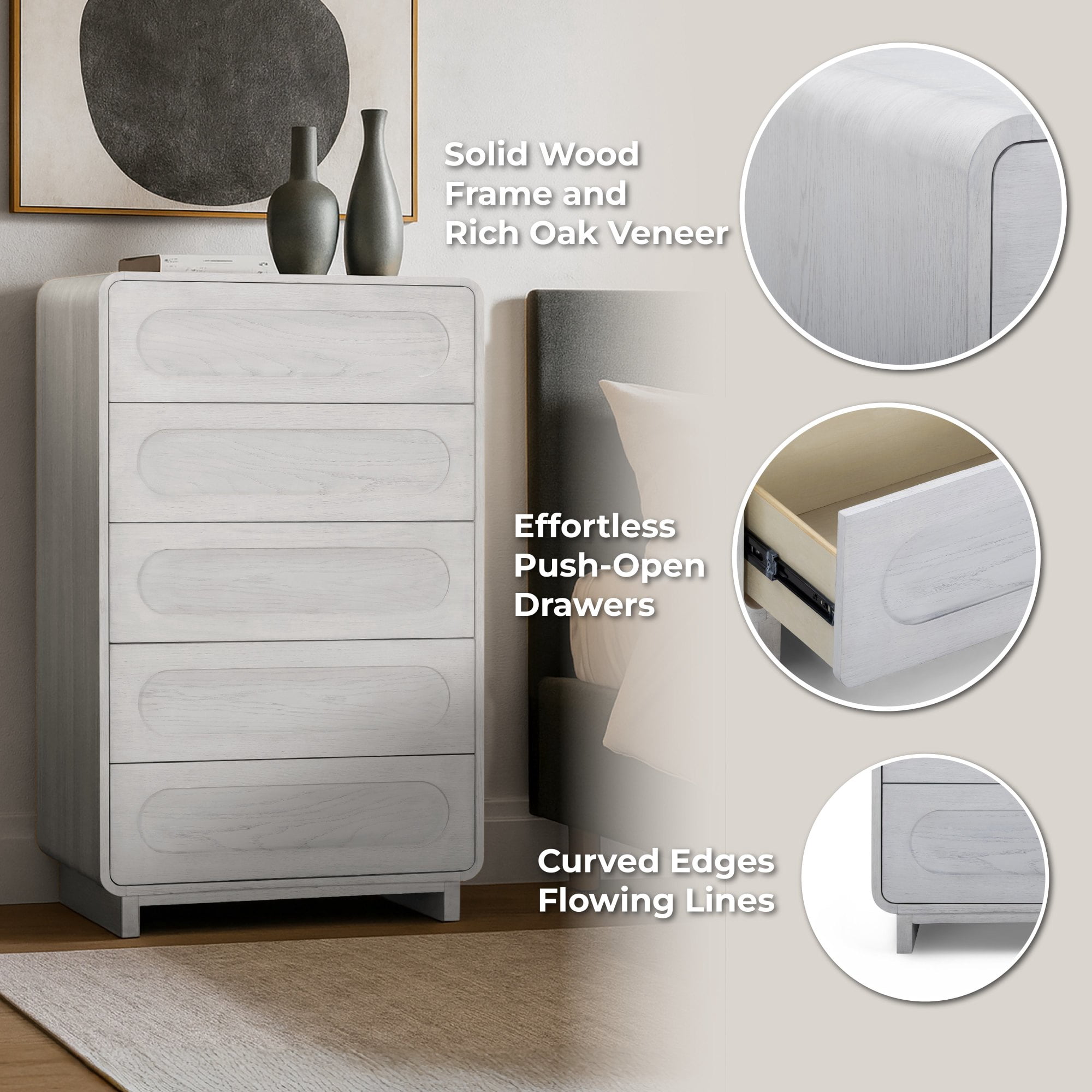 Tenley Mid-Century 5-Drawer Chest Dresser in White - Teamson Home: Push-Open Drawers, Wooden Construction with Real Oak Veneer