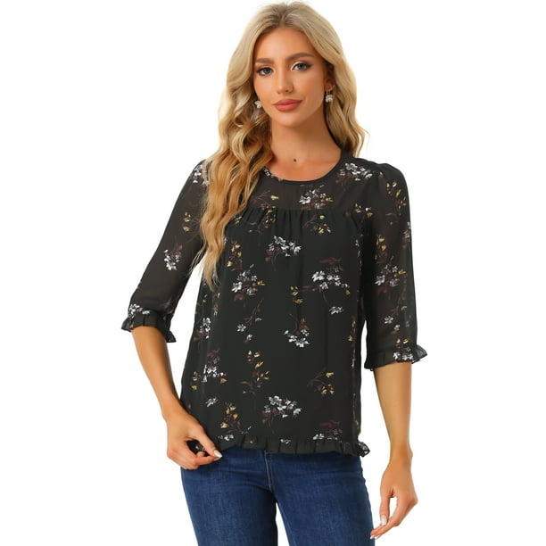 BluElegante Casual De GaCon Estampado Floral De Man3/4 Con Volantes PaMujer Negro XXL