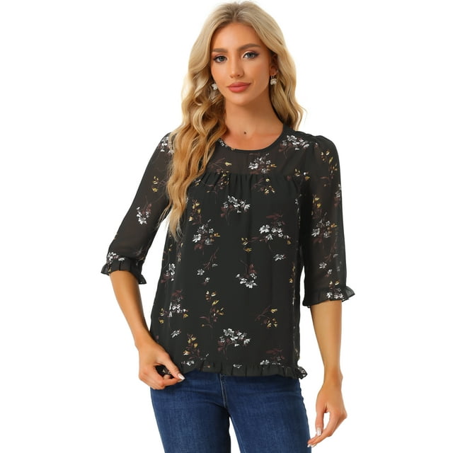 INSPIRE CHIC Blouse Fluide en Mousseline à Volants à Manches 3/4 à Imprimé Floral pour Femme