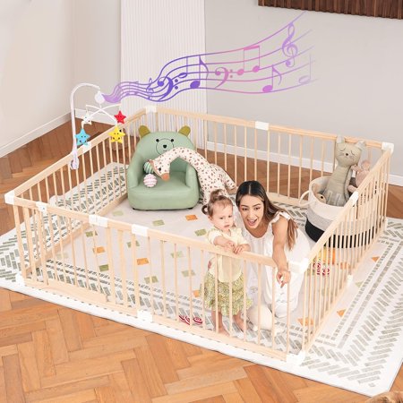 Wooden Baby Playpen for Babies and Toddlers, Changeable Baby Play Pen Baby Play Fence with Safety gate, 8-Panels Baby Playard with Music Toy, Safe Play Area(71"x59"