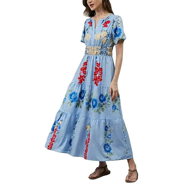 Vestido largo ACCPUR para mujer, estilo bohemio, floral, cuello en V, con bolsillos
