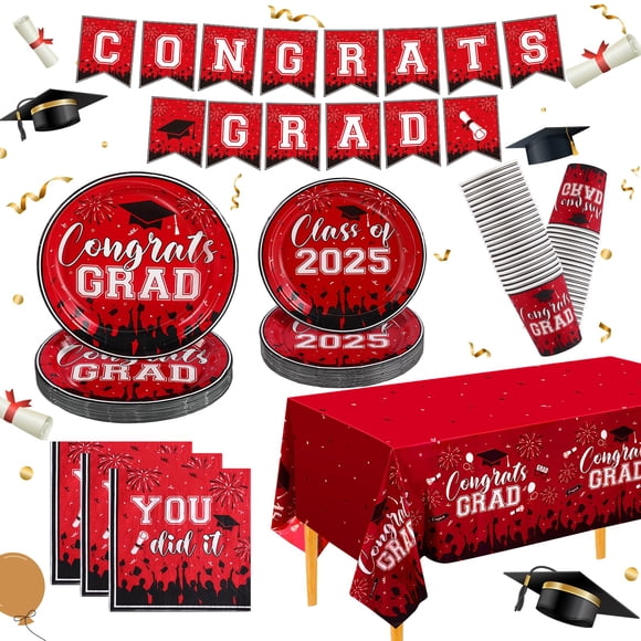 Artículos de fiesta NatNarr Graduation 2025, color rojo para 25 personas
