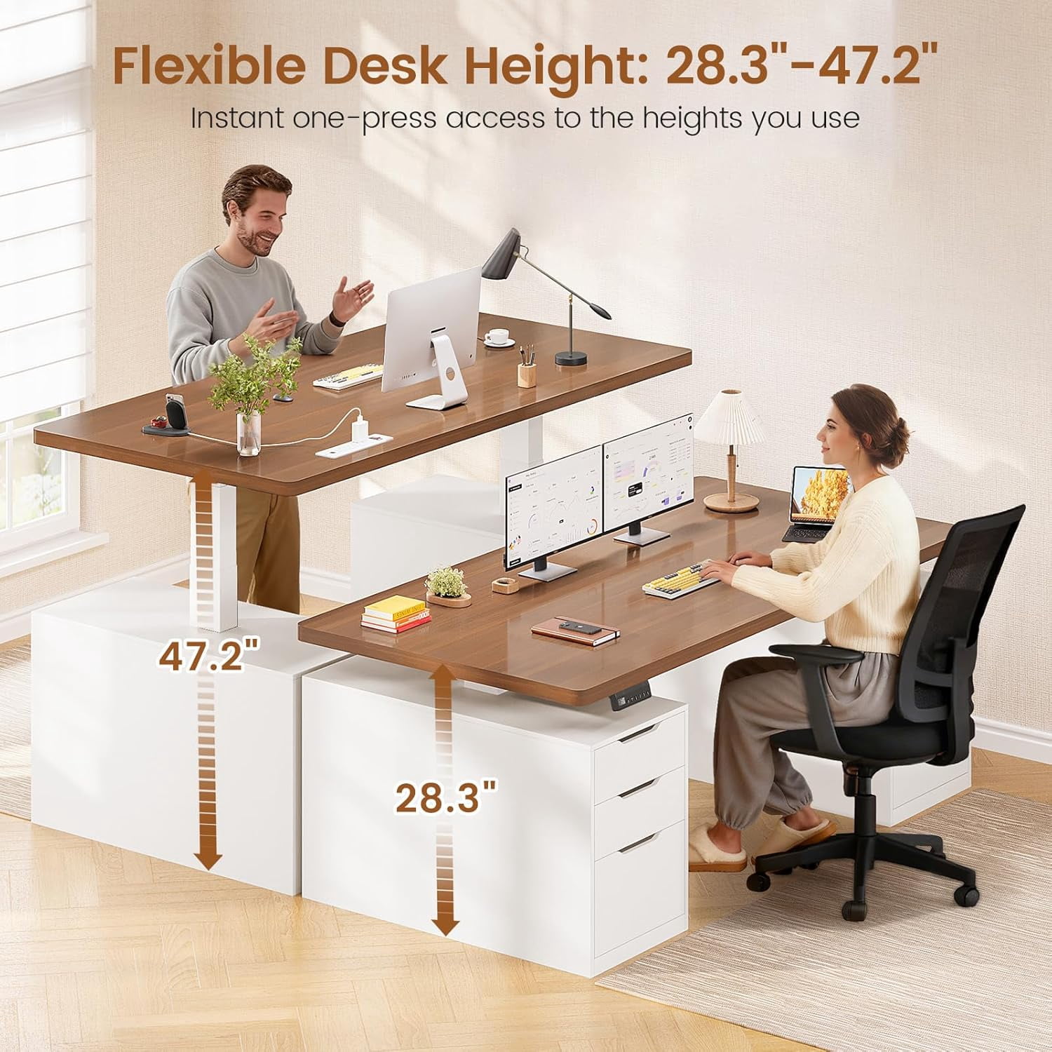 SEDETA 55" Electric Standing Desk with 6 Drawers, Adjustable Height Computer Desk with Power Outlets, Wood Corner stand Up Desk for Home Office, Large PC Workstation, White & Brown Top