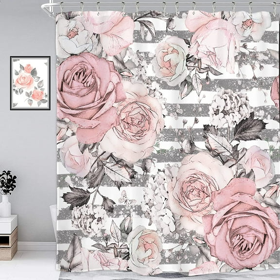 Pink Flower Shower Curtain Floral 72Wx84H Inch Extra Long Gray Stripes Watercolor Elegant Rustic Rose Leaves Nature Plant Artwork Waterproof Polyester Fabric Bathroom Bathtub