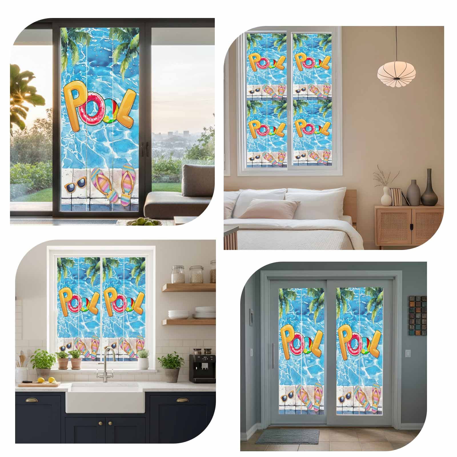 Blue Summer Pool Window Privacy Film, Watermelon Swimming Ring Slippers Static Cling UV Sun Blocking Tint Film Heat Control Windows Films for Bedroom Bathroom, Window Stickers 23.6"x59"